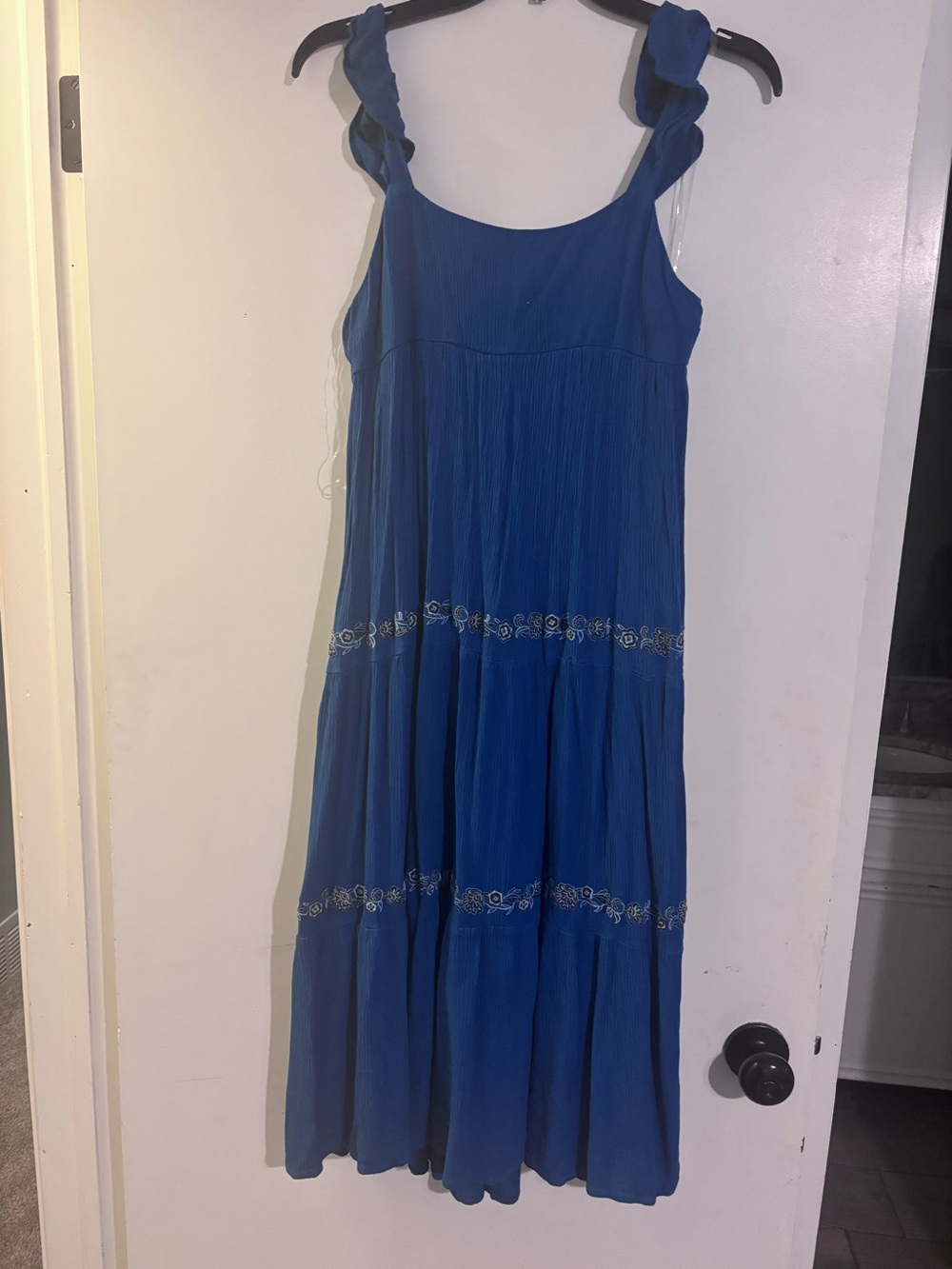 Sleeveless Royal Blue Maxi Dress with Embroidered Tiers